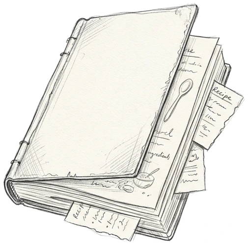 A hand-drawn recipe journal stuffed with handwritten recipes