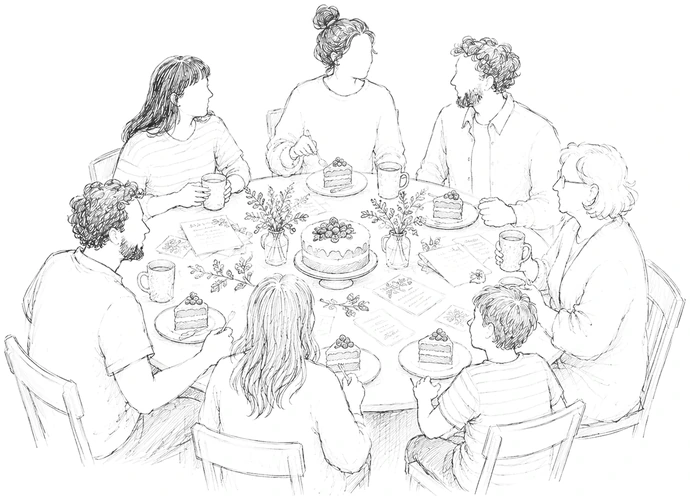 People gathered around a table sharing cake and recipes